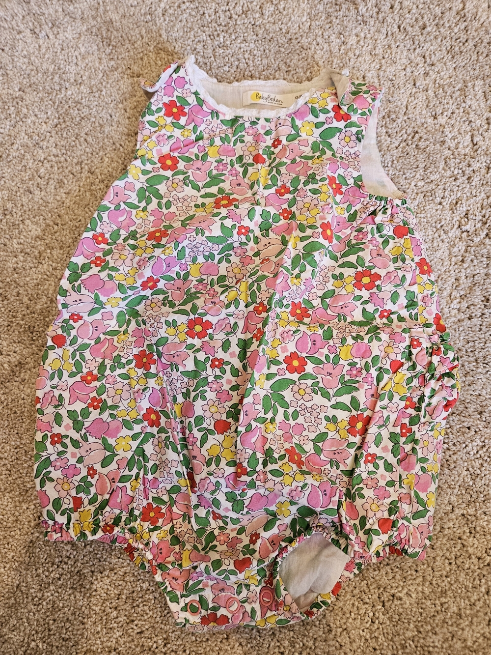 Baby Boden Pink Floral Bubble Romper with Green Accents
